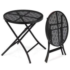 Folding Small Outdoor Side Tables, Anti Rust Small Patio Table Round Metal Nightstand With Flower Cutouts For Porch Yard Balcony Deck Lawn (Option: BLACK)