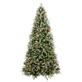 Artificial 6ft Green LED-lit Christmas Tree With 1593PE/PVC Mixed Branch Tips,Red Fruit And Pine Cone,Hinged Premium & Foldable Base For Indoor H (Option: defaulttitle)