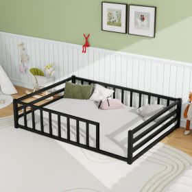 Full Size Floor Bed, Low Profile Metal Platform with Heavy Duty Guardrails, No Box Spring Needed, Black (Option: BLACK)