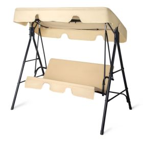 Outdoor Patio Swing Chair Set With Canopy, 3-Person Iron Frame Swing With Soft Cushions, 550lbs Capacity, Oxford Fabric, Khaki, Easy Assembly (Option: khaki)